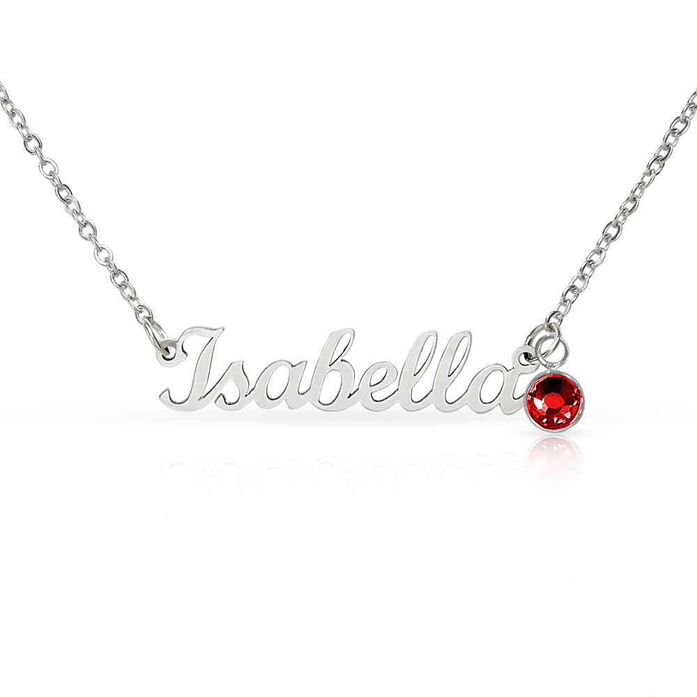 Stainless steel script name necklace with birthstone charm