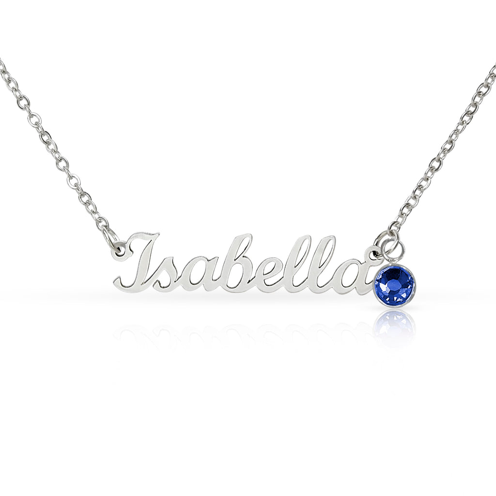 Stainless steel name necklace with birthstone charm