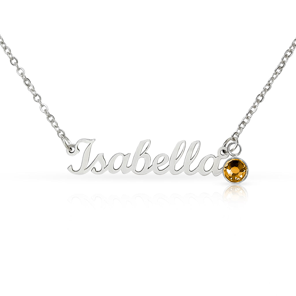 Stainless steel name necklace with birthstone charm
