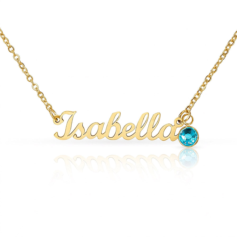 18k gold finish name necklace with birthstone charm