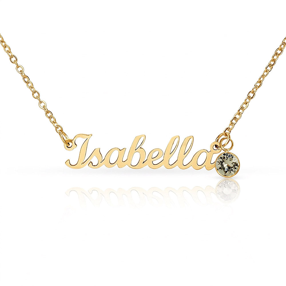 18k gold finish name necklace with birthstone charm