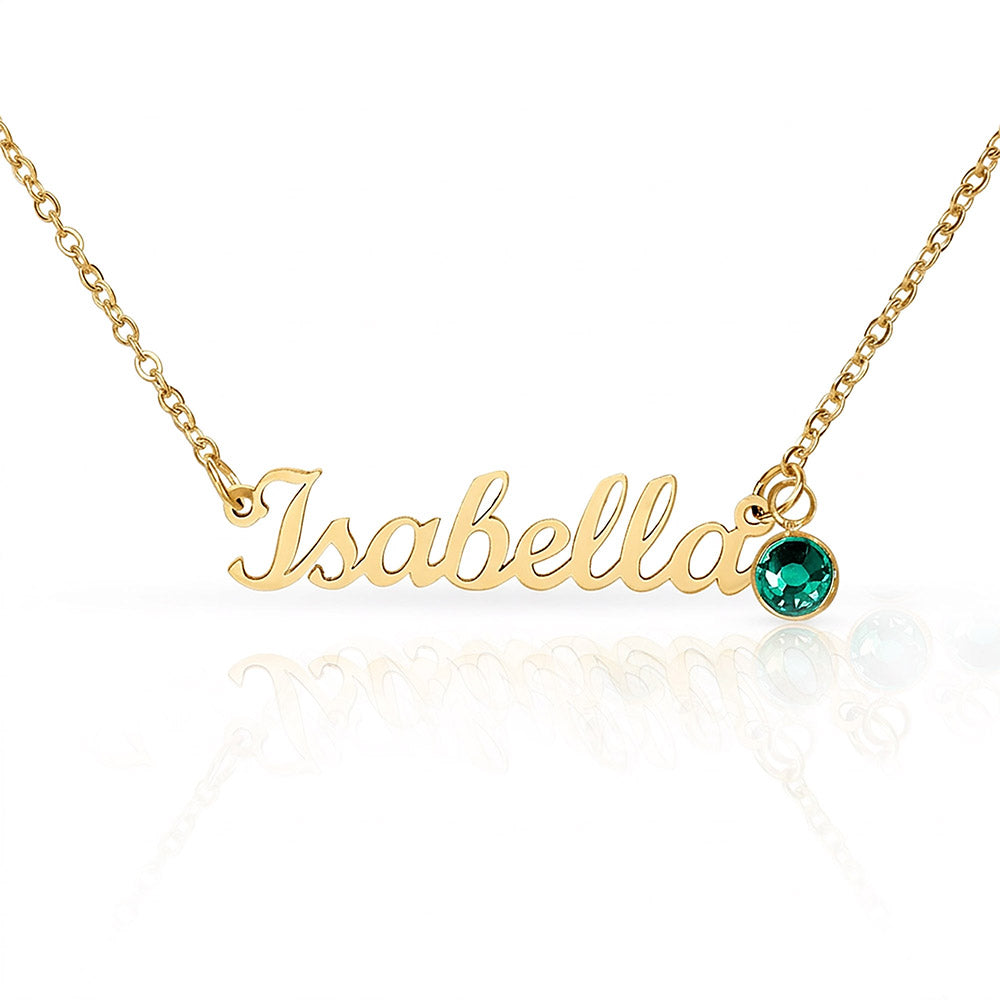 18k gold finish name necklace with birthstone charm