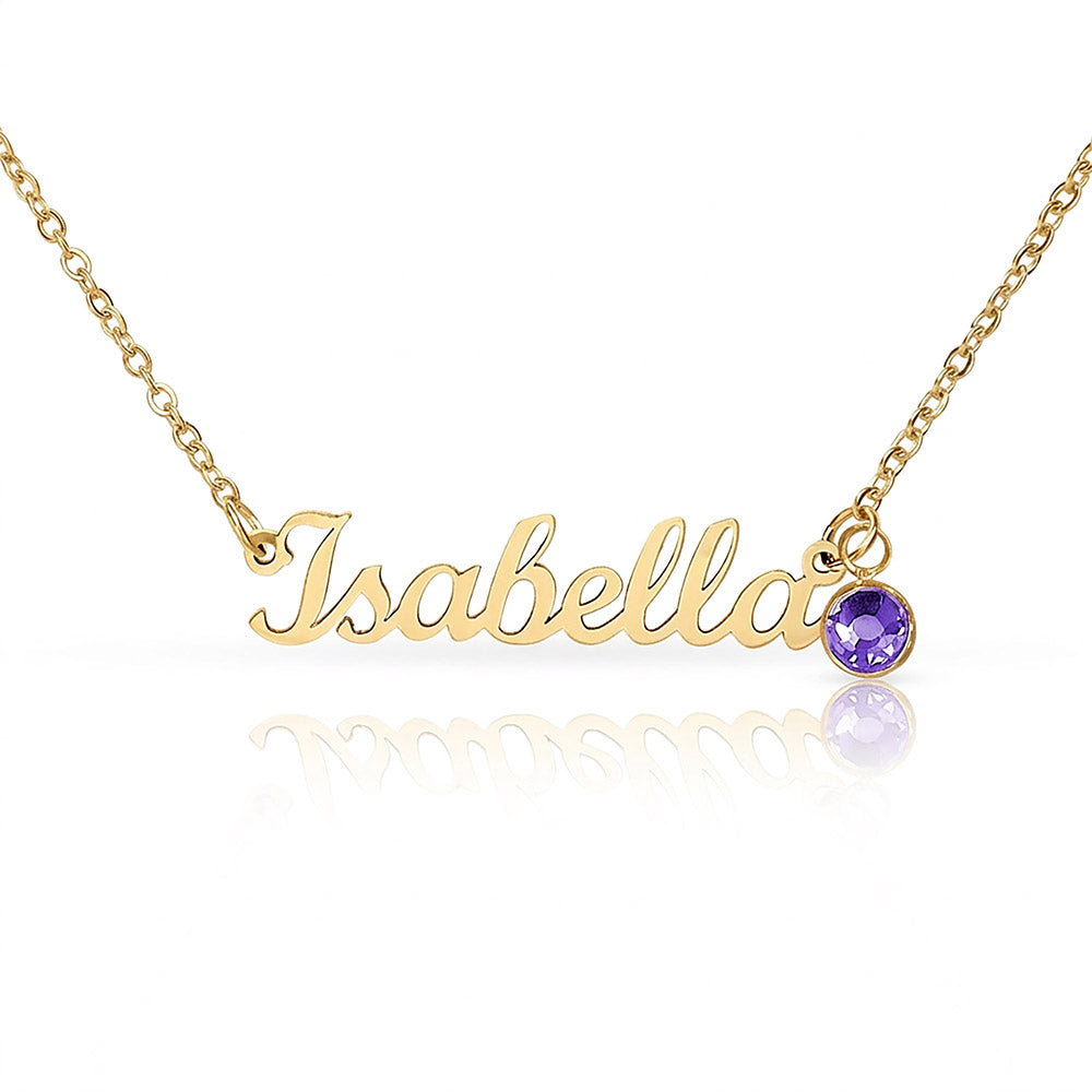 18k gold finish name necklace with birthstone charm