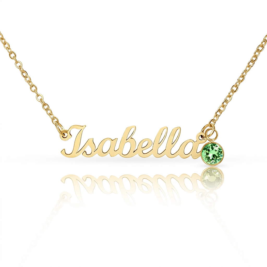 18k gold finish name necklace with birthstone charm