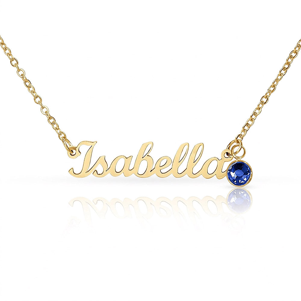 18k gold finish name necklace with birthstone charm