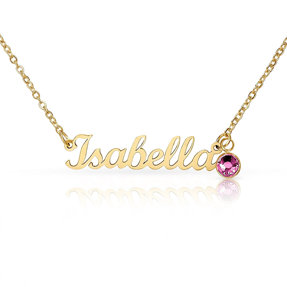 18k gold finish name necklace with birthstone charm