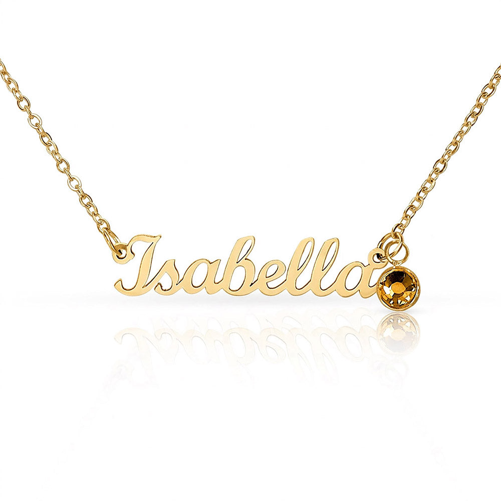 18k gold finish name necklace with birthstone charm
