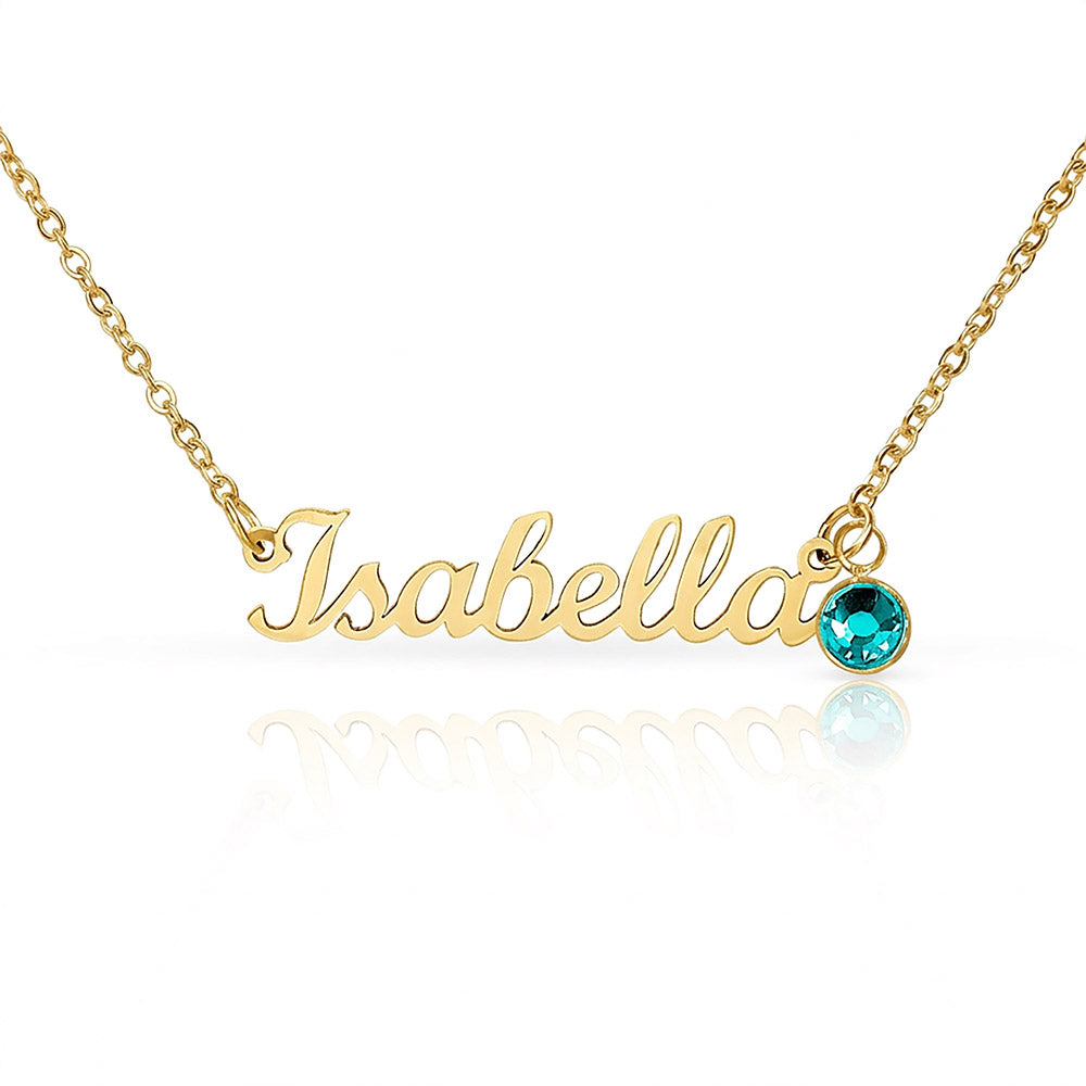 18k gold finish name necklace with birthstone charm