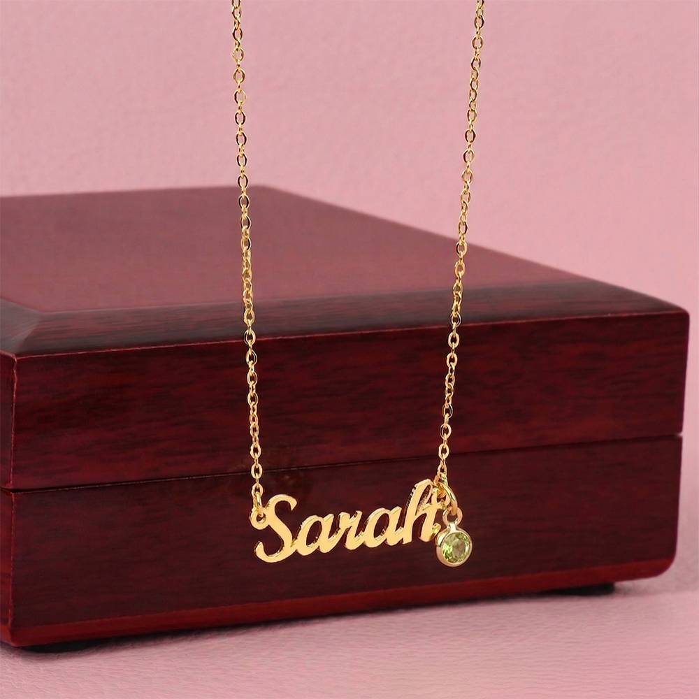 Personalized 18k gold finish name necklace with birthstone charm in its gift box